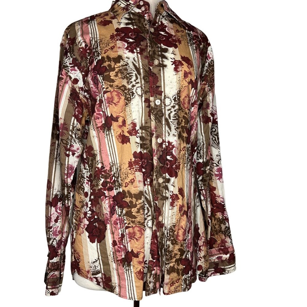 MBX Men's Casual Button Down Shirt Size Large Long Sleeve Collar Maroon Pink Flo